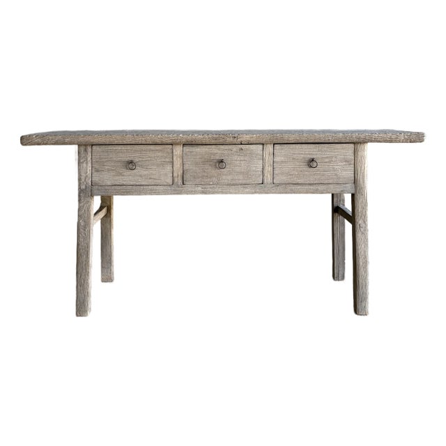 Vintage Natural Elm Wood Console Table With Drawers For Sale