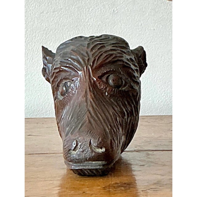 Vintage Boho Black Forest Carved Boar Head For Sale In West Palm - Image 6 of 6