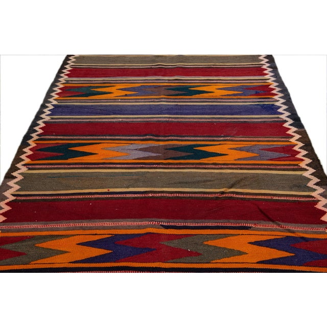 Islamic Vintage Kilim Handmade Flatweave Multicolor Striped Wool Runner For Sale - Image 3 of 10