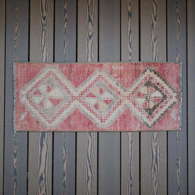 Hollywood Regency Vintage Faded Pink Turkish Rug 1x3 Hand Knotted Small Boho Mat Wool Runner Decor For Sale - Image 3 of 11