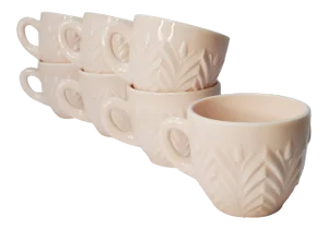 1950s Jeanette Feather Shell Pink Milk Glass Set of 7 Cups