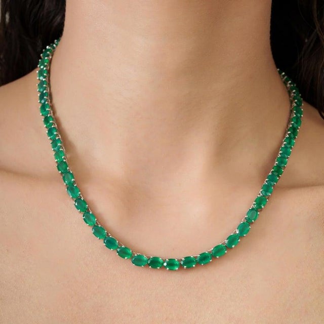40.36 CTW Natural Green Onyx Tennis Necklace in Silver for Her For Sale - Image 6 of 12