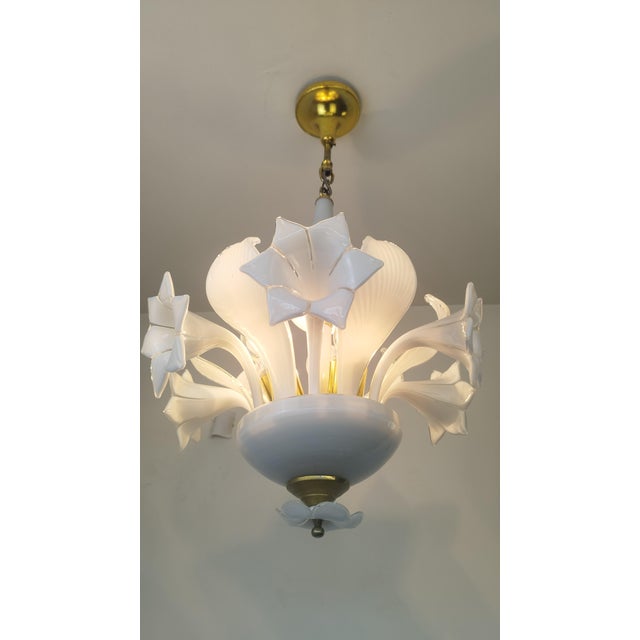 Metal Vintage Italian White Murano Styled Calla Lilly Chandelier Brass Lighting 1970s For Sale - Image 7 of 17