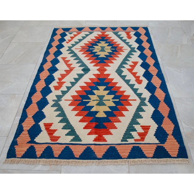 1980s Vintage Hand Woven Turkish Rug Flat Weave Wool Area Kilim Oushak Rug For Sale - Image 6 of 12