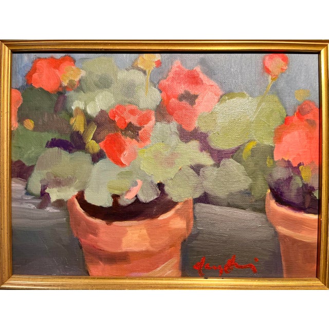 Vintage Original Oil on Canvas Board Painting 'Geraniums Fraisinette' by California Artist NANCY NICKERSON Aprox....
