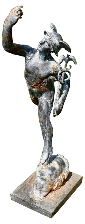 Large Weathered Iron Garden Statue of Mercury Hermes the Winged Messenger, 1900s