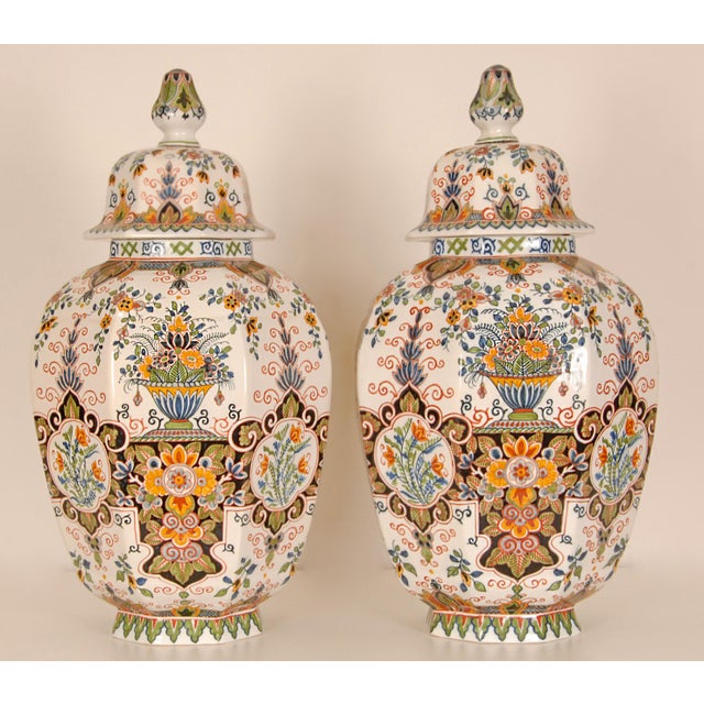 Tall Polychrome Delft Lidded Vases, 1940s, Set of 2 For Sale - Image 4 of 11