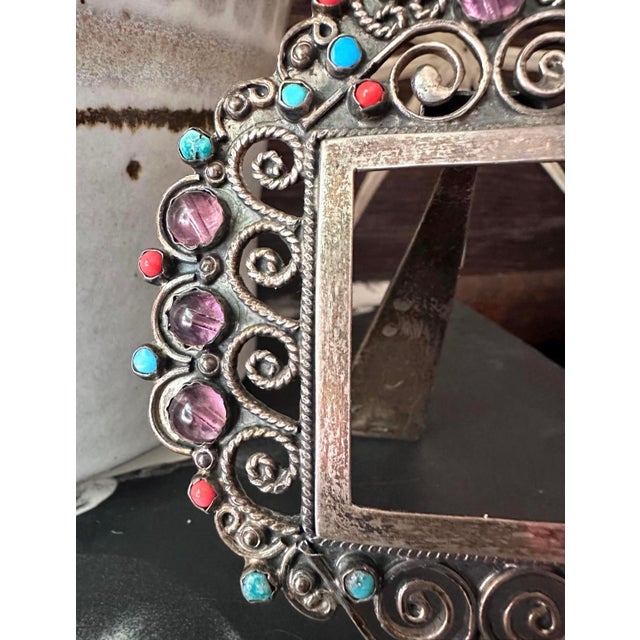 Vintage Sterling Silver Taxco Picture Frame, Turquoise Coral Amethyst Gemstones For Sale - Image 4 of 12