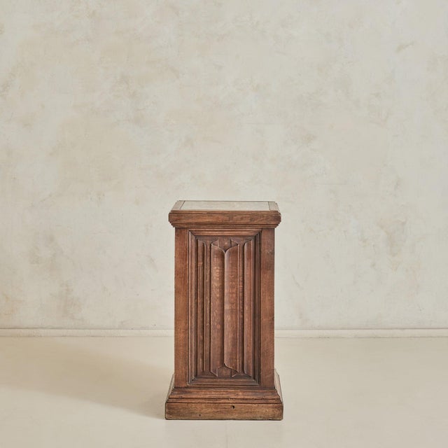 Mid 20th Century Antique French Carved Oak + Marble Top Pedestal For Sale - Image 5 of 11