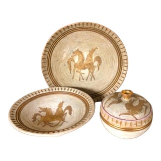 3 Piece Set of 1960s Fratelli Fanciullacci Ceramic Serving Set W Charger, Covered Dish, and Pedestal Bowl For Sale