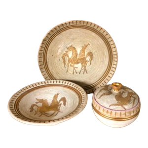 3 Piece Set of 1960s Fratelli Fanciullacci Ceramic Serving Set W Charger, Covered Dish, and Pedestal Bowl