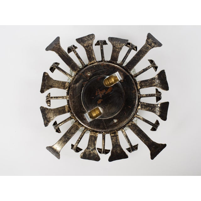 Black 1950s Spanish Brutalist Flush Mount Ceiling Light – Silvered Wrought Iron & Heavy Embossed Glass For Sale - Image 8 of 14