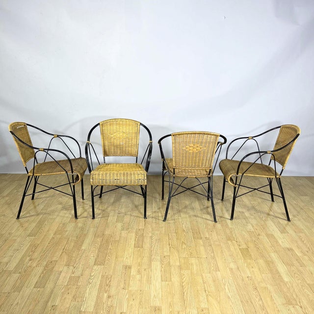 Garden Chairs in Wrought Iron and Woven Wicker, 1970s, Set of 4 For Sale - Image 3 of 18