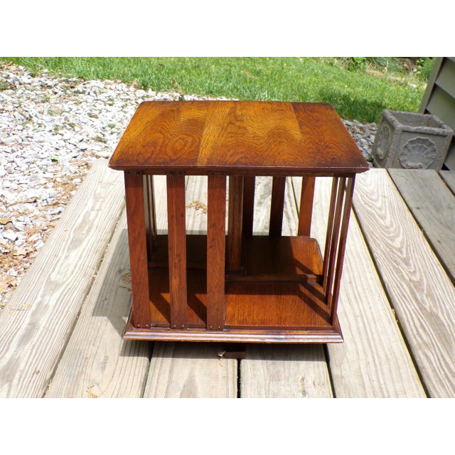 Traditional Antique Mission Era Solid Oak Desktop Revolving Bookcase For Sale - Image 3 of 16