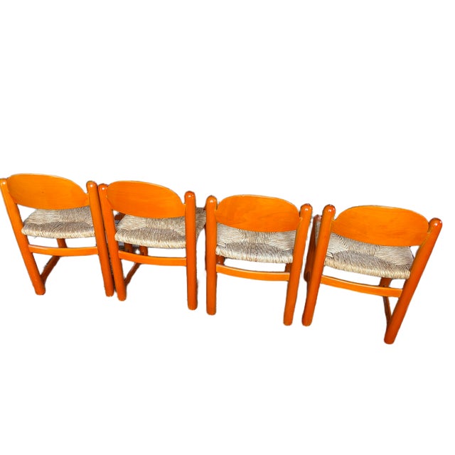 Pumpkin Vintage 1970s Italian Hank Loewenstein "Padova" Beechwood & Rush Stacking Dining Chairs - Set of 4 For Sale - Image 8 of 14