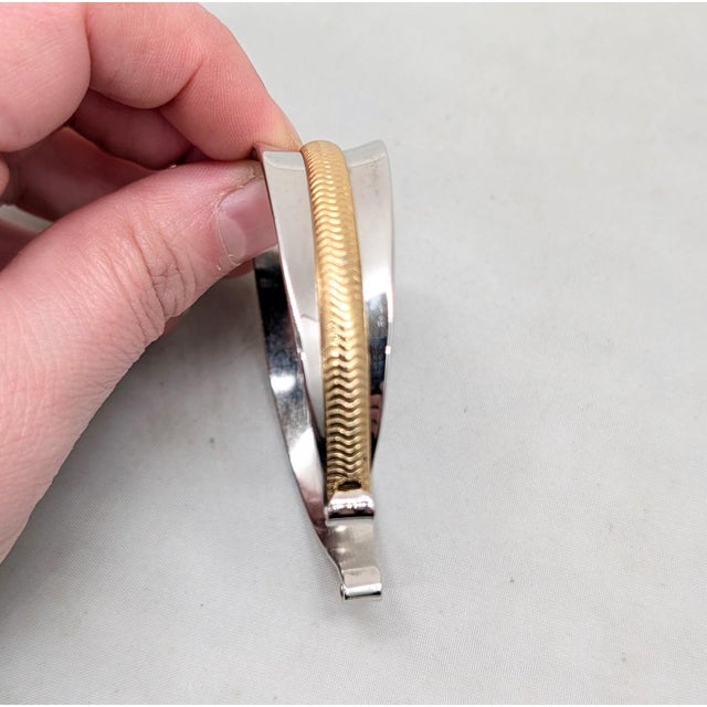 Vintage 1975 Signed Napier Goldtone Rhodium Plated Goldtone Stripe Cuff Bracelet For Sale - Image 9 of 13