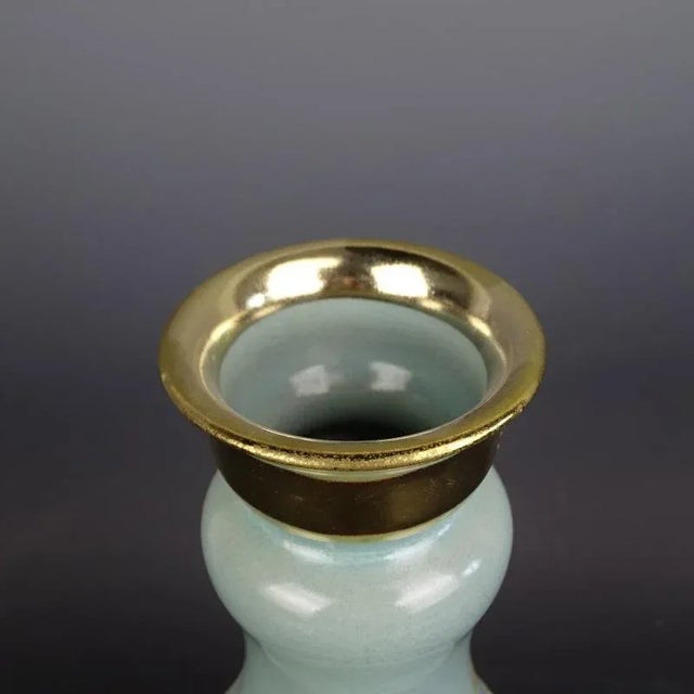 Early 20th Century Chinese Vintage Ceramic Vase,Sky Blue Glaze Gold Drawing Celadon Vase Hand Painted Dragon Pattern For Sale - Image 5 of 7