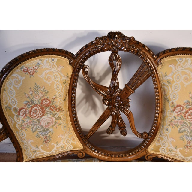 1910 Antique French Louis XV Carved Walnut Loveseat Spring-Seat & New Upholstery For Sale - Image 4 of 11