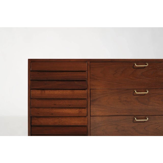 Wood Mid Century Modern Walnut Dresser With Brass Accents, C. 1950s For Sale - Image 7 of 12