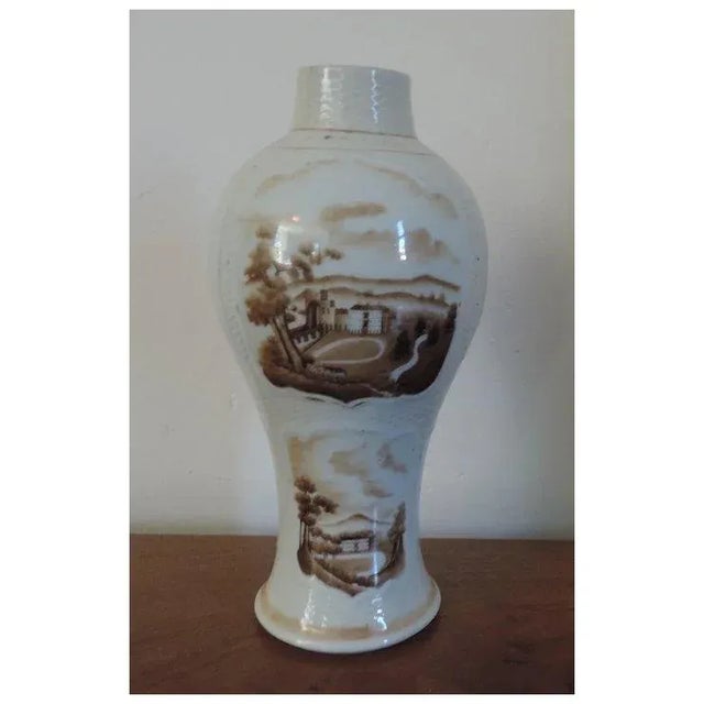 Antique 18th Century Chinese Export Porcelain Baluster Shaped Vase Decorated in Sepia Palette for the American Market 1800 For Sale - Image 4 of 11