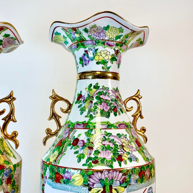 Late 19th C Antique Chinoiserie Boho Chic Hollywood Regency Famille Rose Vases - A Pair, Monumental For Sale - Image 6 of 18