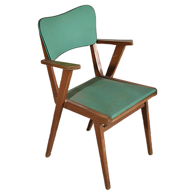 Armchair with Solid Wood Frame and Green Leatherette Seat, Italy, 1960s For Sale
