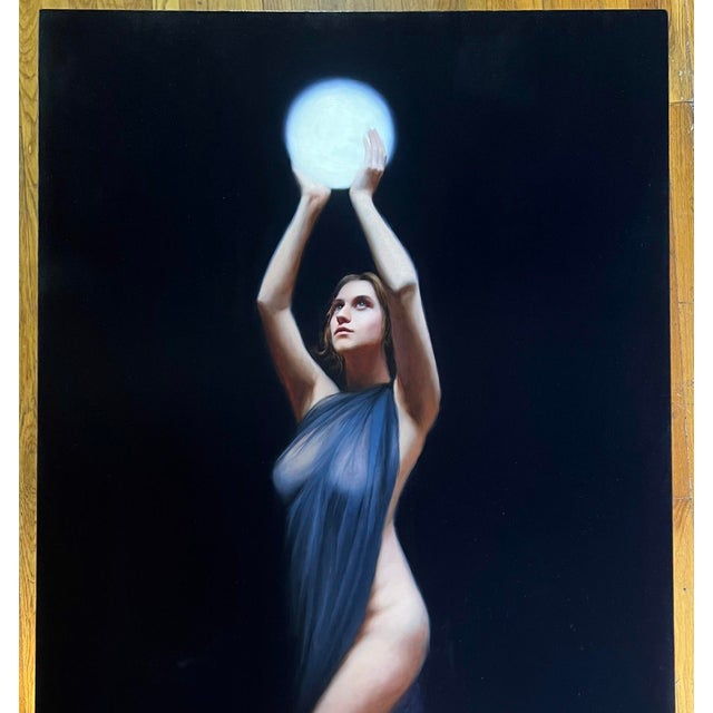 Figurative Behold by Derek Harrison | Oil on linen of a woman holding a glowing orb For Sale - Image 3 of 3