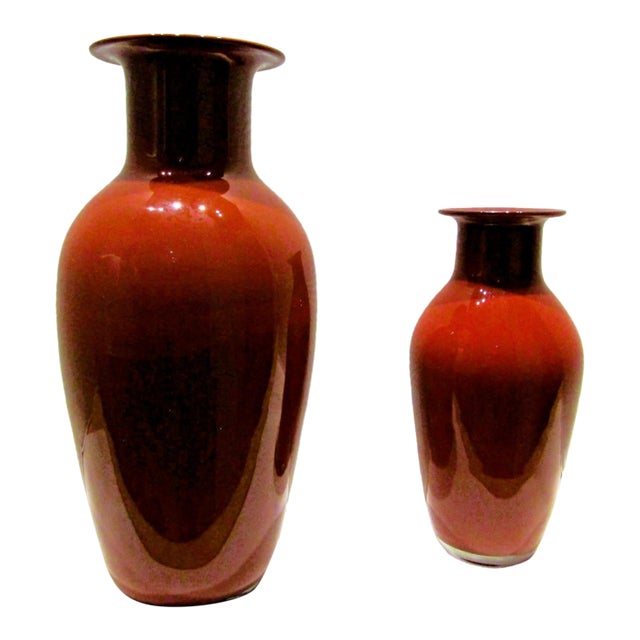 Rare Pair Vintage Signed Barovier & Toso Oxblood Red Baluster Vases Circa 1970s For Sale