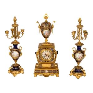 Antique French Ormolu & Sevres Porcelain 3 Piece Clock Candelabra Garniture 1870