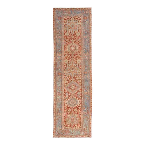 Red Handmade Antique Heriz Wool Runner With Allover Design