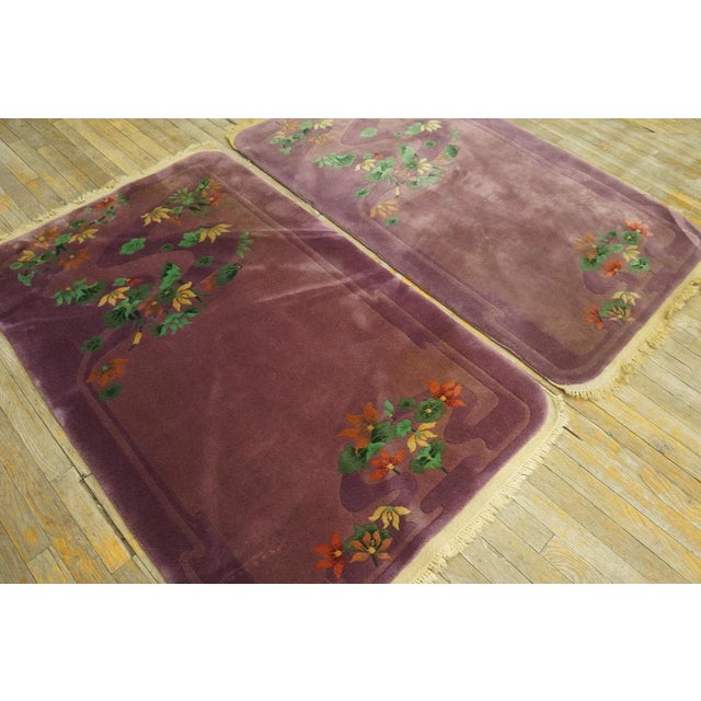 Art Deco 1920s Purple Floral Antqiue Pair of Chinese Art Deco Carpets 3' X 4'7" Knotted Wool Rugs For Sale - Image 3 of 12