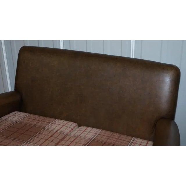 Edwardian Walnut Brown Leather Three-Piece Sofa, Armchairs Suite Tartan Cushions, Set of 3 For Sale - Image 10 of 18