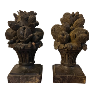 Antique 18th Century French Louis XVI Carved Wood Fruit Basket Finial Urns - A Pair