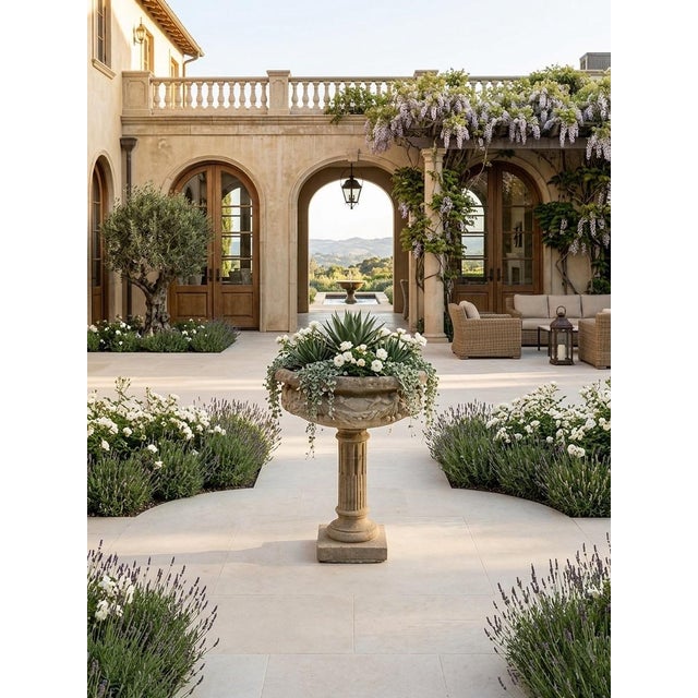 Stone Vintage Neoclassical Cast Stone Garden Urn on Fluted Pedestal For Sale - Image 7 of 7