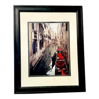 1980s Vintage Italian Boho Chic Cityscape Canal With Red Gondola at Dock Framed Photography For Sale