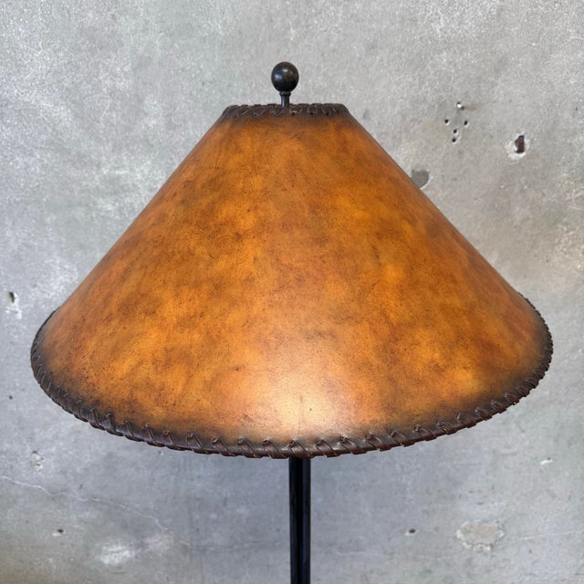 Rustic European Vintage Spanish Style Wrought Iron Lamp With Leatherette Shade For Sale - Image 3 of 12