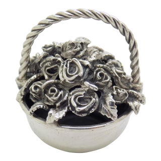 Vintage Italian Handmade Genuine Sterling Silver 925 Basket of Roses Figurine, Dollhouse Miniature by Raspini For Sale