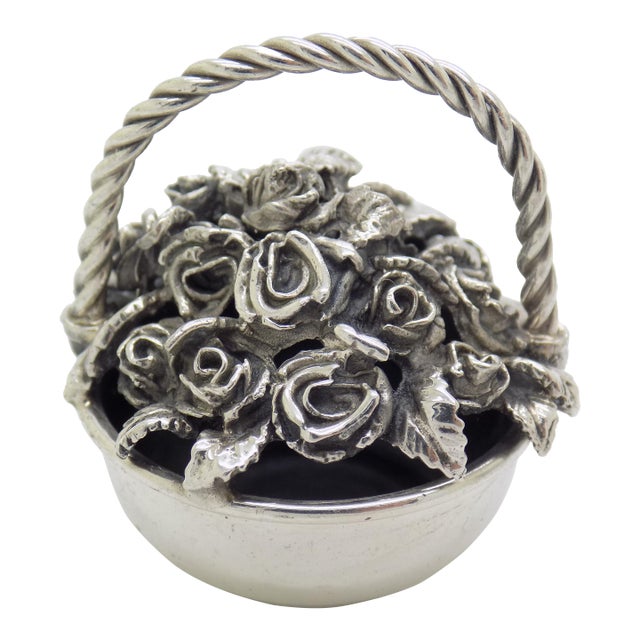 Vintage Italian Handmade Genuine Sterling Silver 925 Basket of Roses Figurine, Dollhouse Miniature by Raspini For Sale