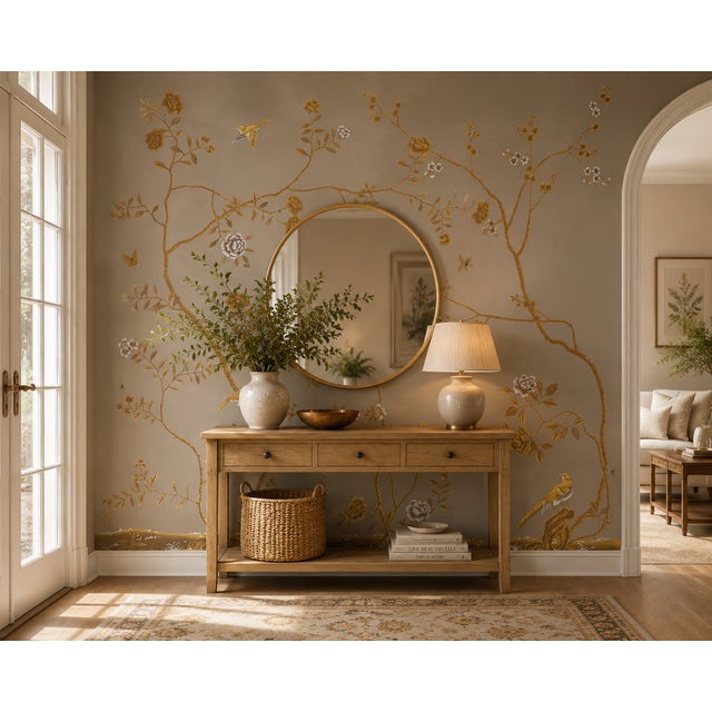 Elevate your interior with this luxury hand-painted gold chinoiserie wallpaper mural, designed to bring warmth, elegance,...