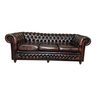 Vintage Mid-Century English Leather Chesterfield 3 Seat Sofa, Brown For Sale