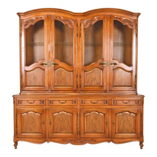 John Widdicomb French Provincial Louis XV Carved Cherry and Walnut Lighted Breakfront Bookcase Cabinet, Circa 1960s For Sale