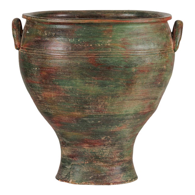 Vintage Thai Ceramic Planter with Green, Brown, and Red Patinated Glaze For Sale