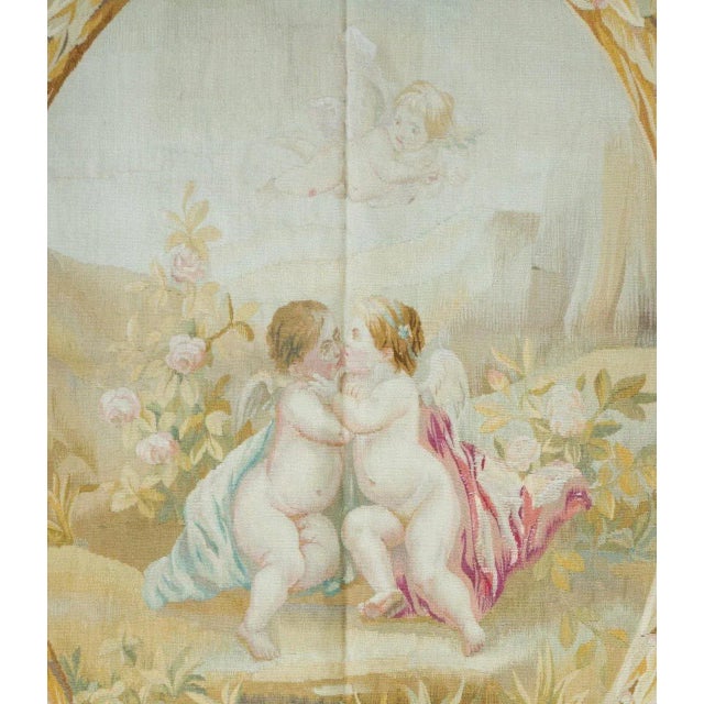 This is a lovely antique 19th century square ivory ornate floral French Aubusson tapestry. It has floral garlands and an...