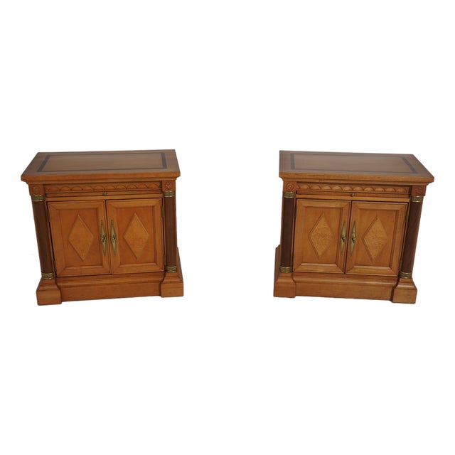 Pair Neoclassical Satinwood Finish 2 Door Nightstands For Sale