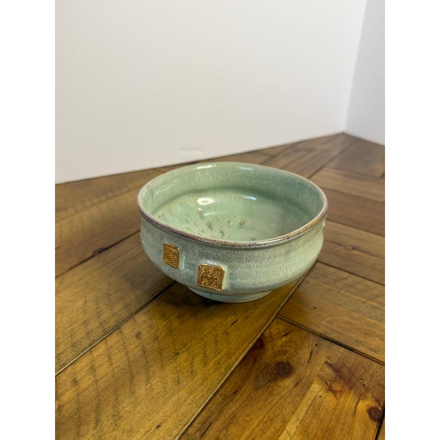 Gary Eagan Spring Street Pottery Complementary Bowl Pair — Celadon & Tenmoku With Applied Gold Seals For Sale - Image 4 of 12