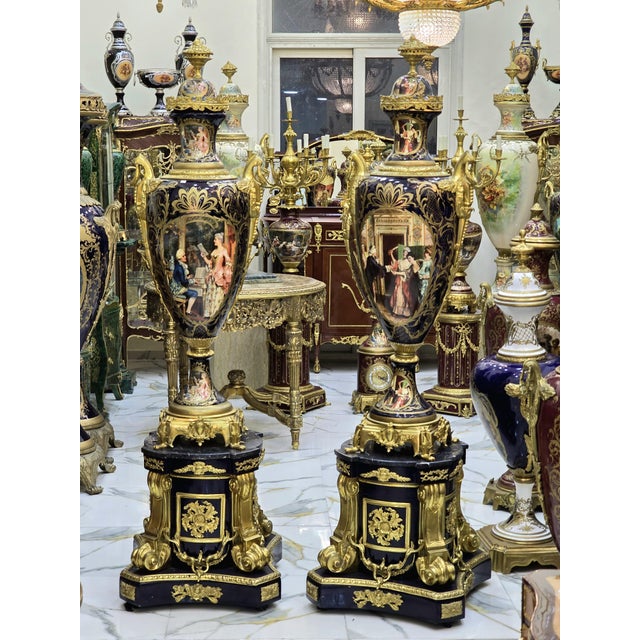 Sevres-Style Porcelain Vases With Pedestals – Hand-Painted Gilt Bronze, Pair For Sale - Image 10 of 14