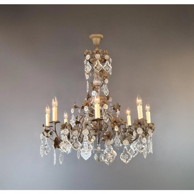 Art Deco 1900s Art Nouveau Brass Crystal Lustre Chandelier For Sale - Image 3 of 12