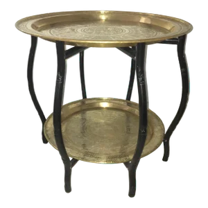Vintage Asian Two Tier Brass Tray Table on Ebonized Folding Stand