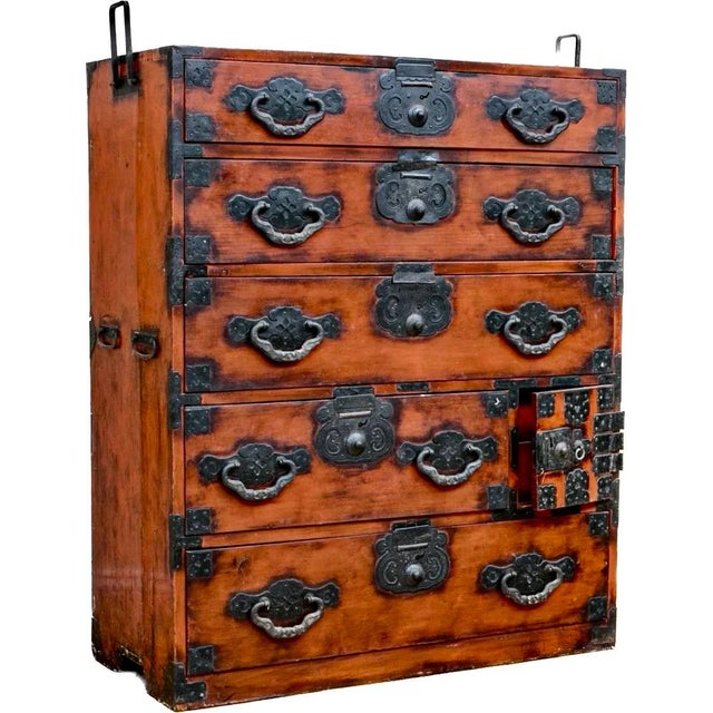 Traditional Antique Japanese Meiji Period Tansu Chest of Drawers Iron Hardware Elm Wood For Sale - Image 3 of 12