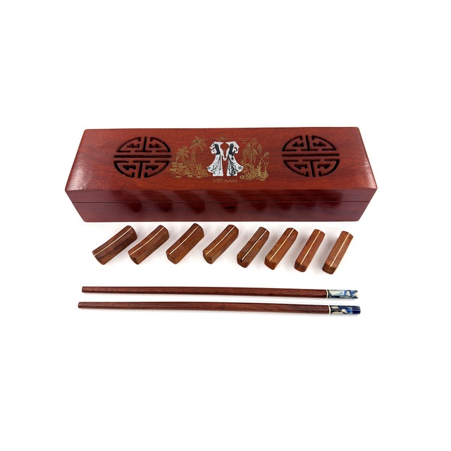 Asian Modern Vietnamese Wooden Chopsticks for 8 With Blue Mother of Pearl Marbled Tips Decorative Storage Box and Coordinating Rests - 25 pcs For Sale - Image 4 of 11